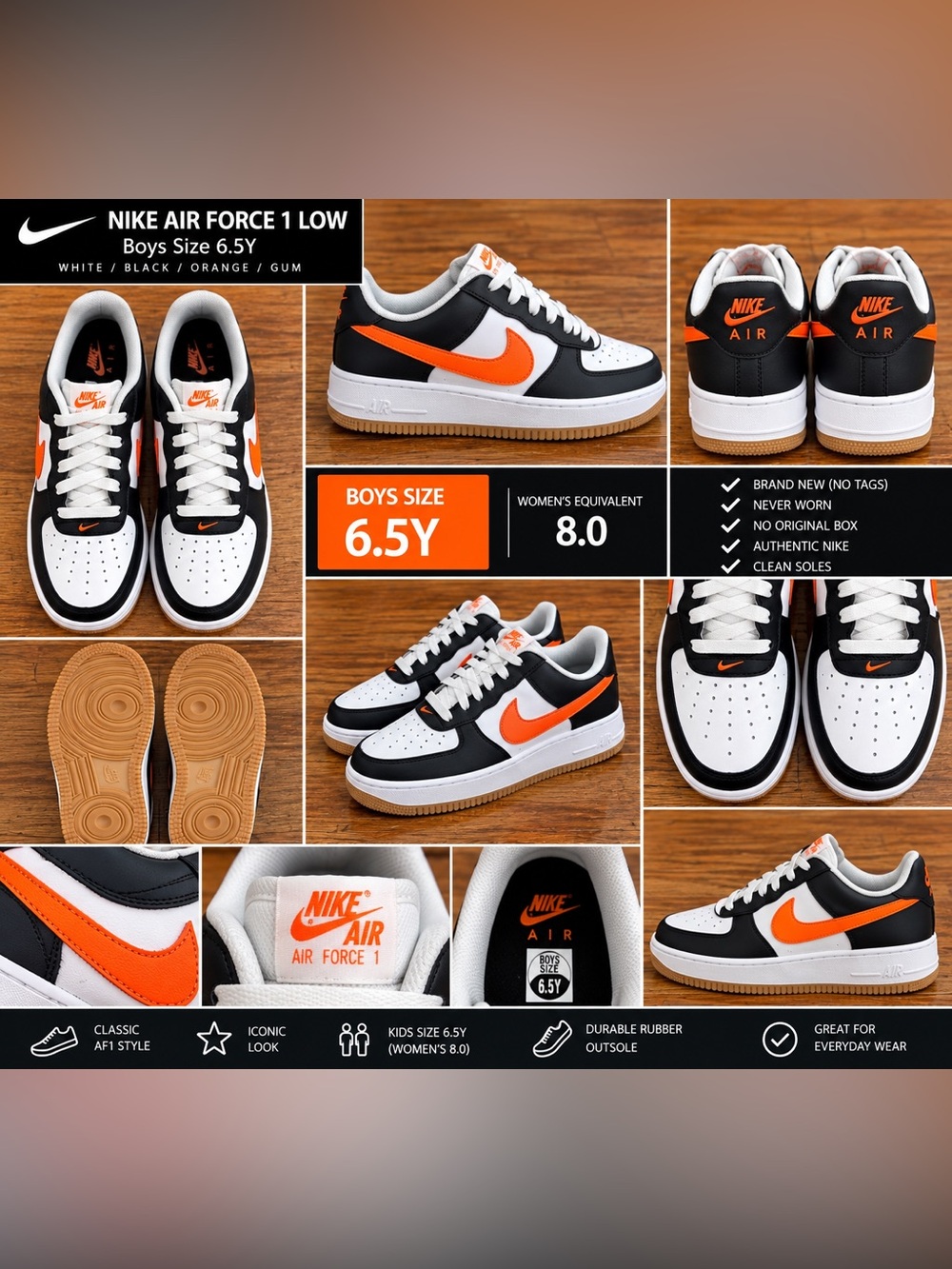 New! Nike 6.5 Youth/8 Women Air Force 1 Low - White / Black / Orange / Gum
